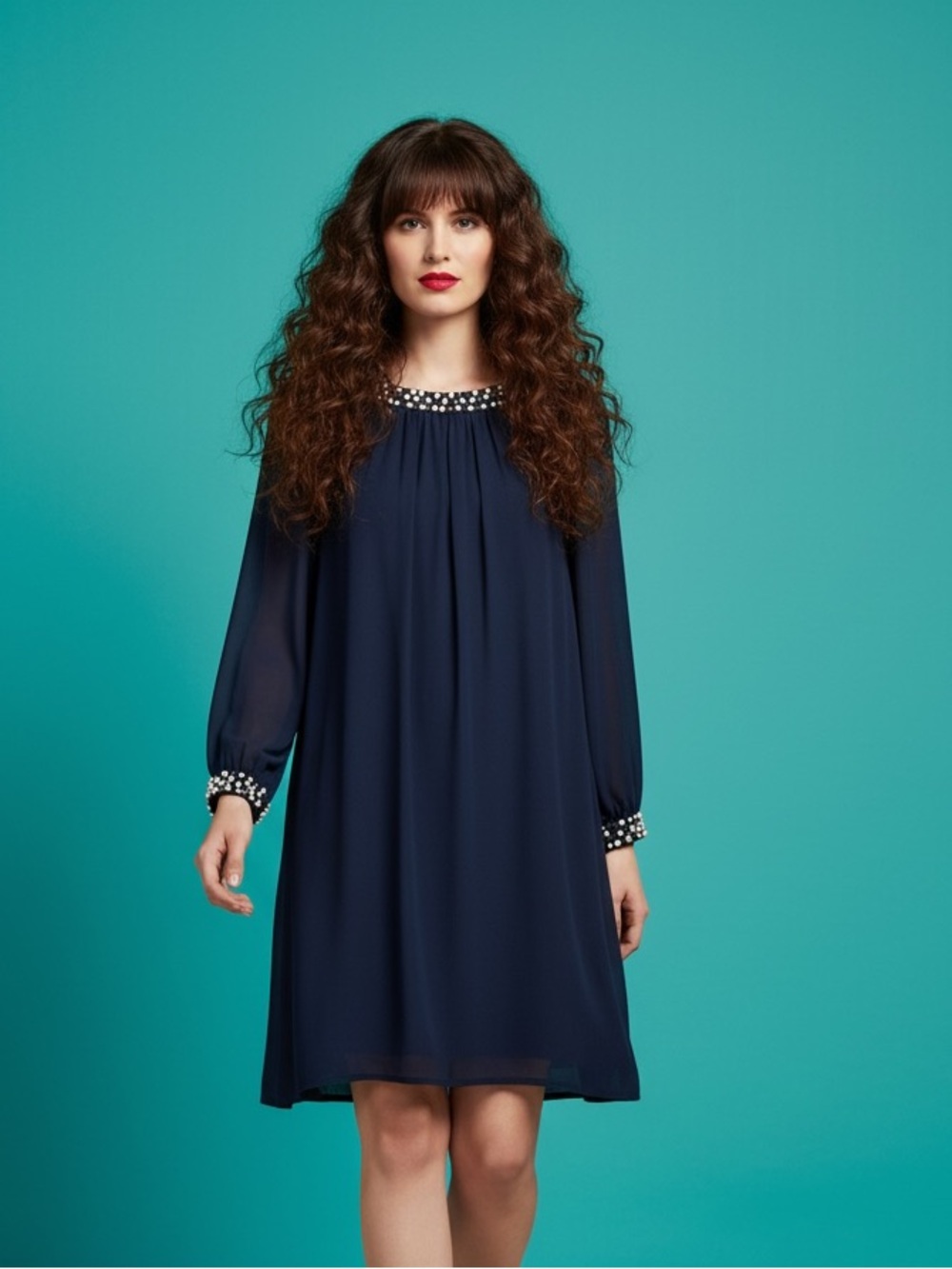 SLNY Beaded Cuff Neckline Navy Blue Cocktail Dress Size 20W